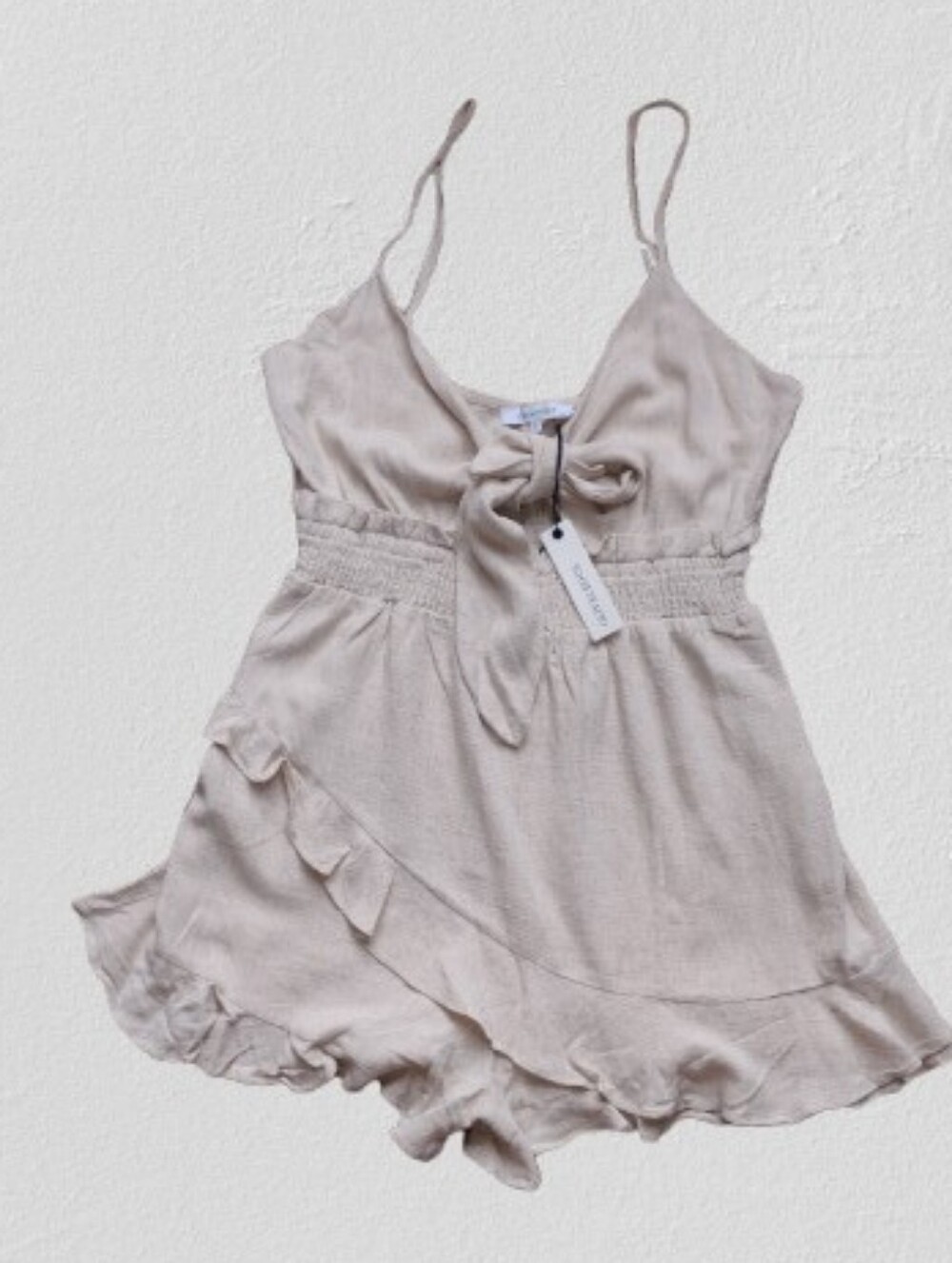 NWT Olivaceous Linen Blend Smocked Ruffle Sundress Cream Mini Dress Size Large